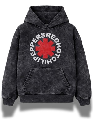 Fuddy Moda Unisex Oversize Red Hot Chili Peppers Baskılı Kapüşonlu Yıkamalı Rock Band Sweatshirt