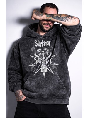 Fuddy Moda Unisex Slipknot Yazılı Kapüşonlu Yıkamalı Sweatshirt, Oversize Rock Band Baskılı Retro Hoodie