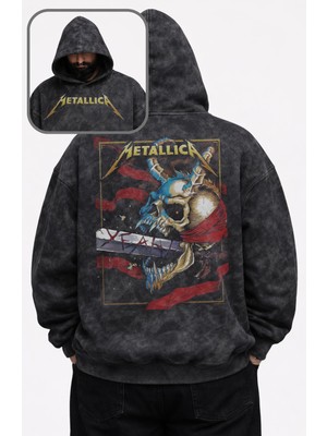 Fuddy Moda Unisex Yeah Metallica Sırt Baskılı Kapüşonlu Yıkamalı Sweatshirt, Oversize Rock Band Vintage Hoodie