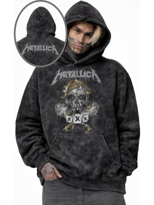 Fuddy Moda Unisex Xxx Metallica Ense Baskılı Kapüşonlu Yıkamalı Sweatshirt, Oversize Rock Band Retro Hoodie