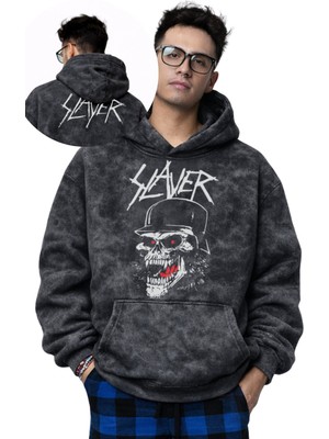 Fuddy Moda Unisex Oversize Slayer Ense Baskılı Kapüşonlu Yıkamalı Rock Band Sweatshirt
