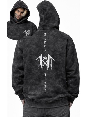 Fuddy Moda Unisex Oversize Sleep Cep ve Sırt Baskılı Kapüşonlu Yıkamalı Rock Band Sweatshirt