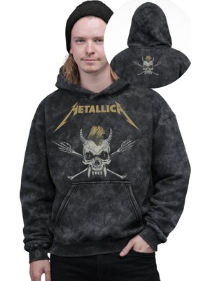 Fuddy Moda Unisex Skull Metallica Ense Baskılı Kapüşonlu Yıkamalı Sweatshirt, Oversize Rock Band Retro Hoodie