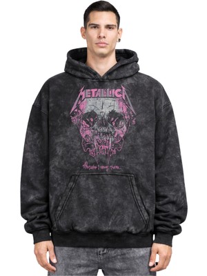Fuddy Moda Unisex Oversize Metallica Wherever I May Roam Yazılı Kapüşonlu Yıkamalı Rock Band Sweatshirt