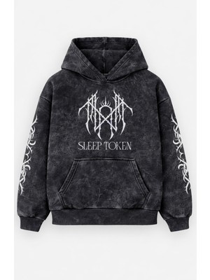Fuddy Moda Unisex Oversize Sleep Token Logo Kol Baskılı Kapüşonlu Yıkamalı Rock Band Sweatshirt