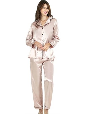 Fantastik Store Şık Tasarım Yumuşak Dokulu Biyeli Önden Düğmeli Pudra Ikili Saten Gecelik Pijama Takımı