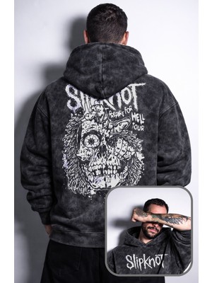 Fuddy Moda Unisex Oversize Slipknot Hell Tour Sırt Baskılı Kapüşonlu Yıkamalı Rock Band Sweatshirt