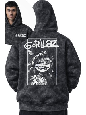 Fuddy Moda Unisex Oversize Gorillaz Noodle Sırt Baskılı Kapüşonlu Yıkamalı Rock Band Sweatshirt