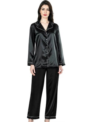 Fantastik Store Şık Tasarım Yumuşak Dokulu Biyeli Önden Düğmeli Siyah Ikili Saten Gecelik Pijama Takımı