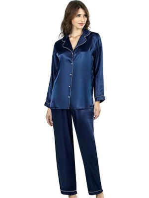Fantastik Store Şık Tasarım Yumuşak Dokulu Biyeli Önden Düğmeli Lacivert Ikili Saten Gecelik Pijama Takımı