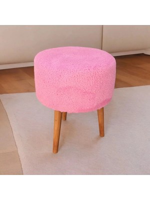 Ahşap Gürgen Ayaklı Pembe Yuvarlak Puf Bench Koltuk Sandalye