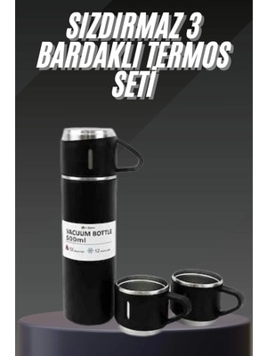 Genel Tedarik Termos Seti Paslanmaz Çelik 3 Bardaklı Vakumlu Termos Set 500 ml 12 Saate Kadar Isı Koruma