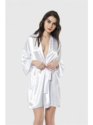 Pileli Store Beyaz Kısa Saten Sabahlık