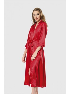 Pileli Store Kırmızı Uzun Saten Sabahlık