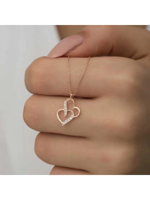 Pileli Store 925 Ayar Gümüş Rose Birleşmiş Kalpler Kadın Gümüş Kolye