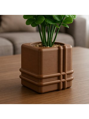 3D Baskı Square Planter - Izgara Desenli Küp Saksı-Kahverengi