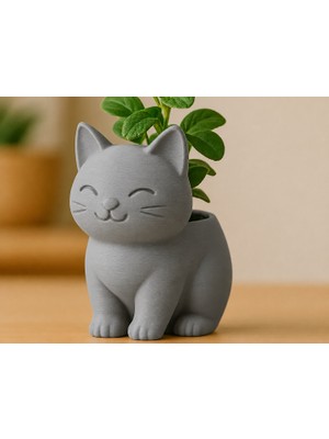 3D Baskı Sevimli Kedi Saksı - Figürlü Sukulent Saksısı-Gri