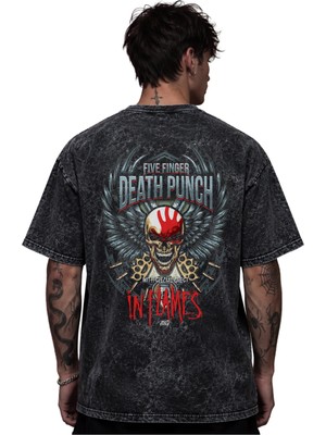 Sevbano Five Finger Death Punch Rock Metal Müzik Grubu Baskılı Unisex Oversize Eskitme Yıkamalı Tişört
