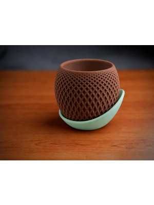 3D Baskı Küre Saksı - Kafes Dokulu Iki Parçalı Dekoratif Saksı - Kahverengi-Mint