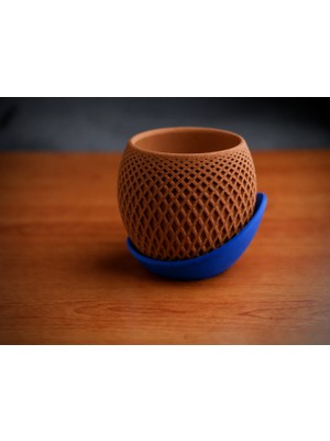 3D Baskı Küre Saksı - Kafes Dokulu Iki Parçalı Dekoratif Saksı - Kahverengi-Mavi