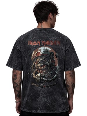 Sevbano Iron Maiden Rock Metal Müzik Grubu Baskılı Unisex Oversize Eskitme Yıkamalı Tişört