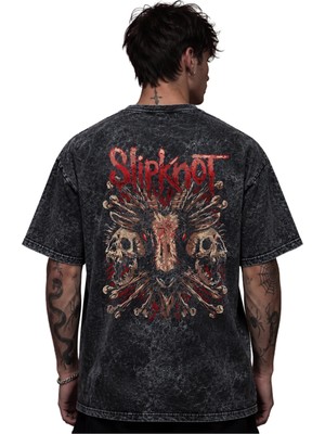 Sevbano Slipknot Rock Metal Müzik Grubu Baskılı Unisex Oversize Eskitme Yıkamalı Tişört