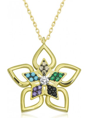 Pileli Store ​gümüş Gold Renkli Taşlı Çiçek Kadın Kolye
