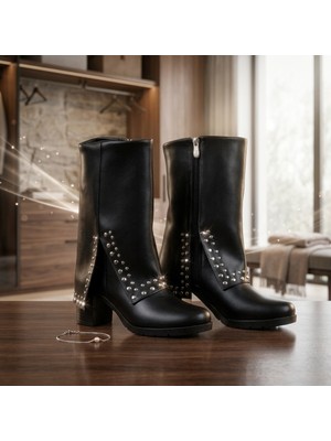 Mcdark Kadın Siyah Kovboy Troplu Çizme 5 cm Topuklu Topuktan Boy 30 cm En 34 Cm-Siyah
