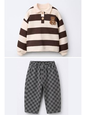 Miniğimin Cicileri Ayıcık Nakışlı Çizgili Polo Sweat & Damalı Kot Pantolon Unisex Çocuk 2’li Takım - Kahverengi