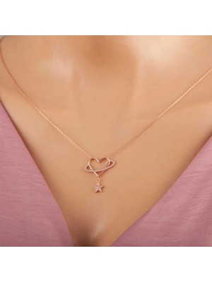 Pileli Store 925 Ayar Gümüş Rose Kalp Yıldız Kadın Kolye