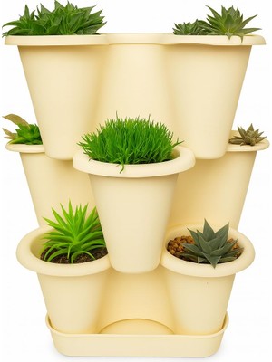 Neva Home 3 Katlı Şanslı Yonca Tasarımlı Dekoratif Saksı Seti, 26.5 x 26.5 Cm, Çiçek ve Bitki Sebze Yetiştirme, Bahçe Salon Mutfak Saksı Seti (Krem)