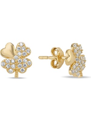 Neva Home 925 Ayar Gümüş Gold Kaplama Zirkon Taşlı 4 Yaprak Yonca Küpe