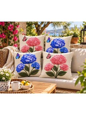 Velnox 3D Ortanca Çiçek Desenli Pembe Mavi Dijital Baskılı Dekoratif 4’lü Kırlent Kılıfı Seti 43X43 cm  Yastık Kılıfı
