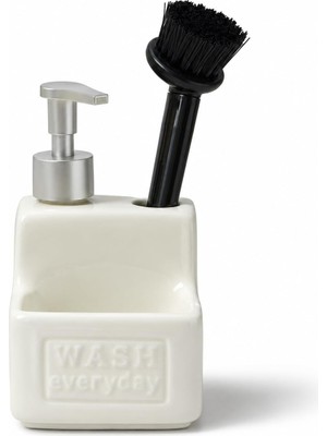 Neva Home Seramik Sıvı Sabunluk ve Fırçalık 500 ml - Pompalı Deterjanlık - Entegre Bulaşık Fırçası Hazneli Mutfak ve Banyo Dispenseri - 11 x 11 x 18 cm Tezgah Üstü Düzenleyici(Krem)