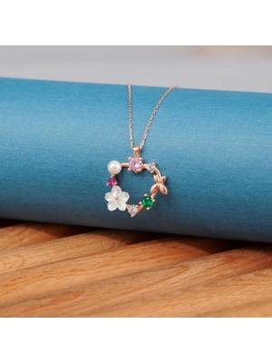 Pileli Store 925 Ayar Gümüş Rose Kalp Manolya Çiçeği Kelebek Kadın Kolye