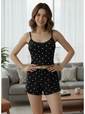 Beruflic Kadın Siyah Puantiye Desenli Dantel Detaylı Şortlu Pijama Takımı Under Moda
