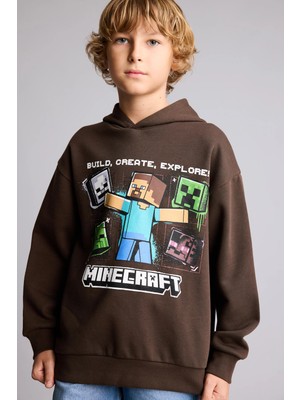 DeFacto Minecraft Lisanslı Baskılı Kapüşonlu İçi Yumuşak Tüylü Kalın Sweatshirt Kumaşı Sweatshirt Erkek Çocuk I3311A826WN