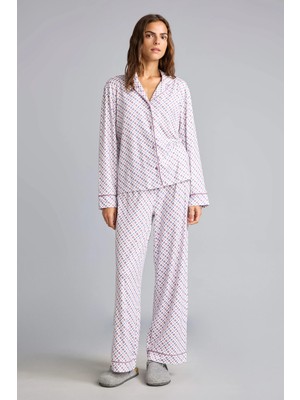DeFacto Regular Fit Desenli Biyeli Uzun Kollu Pijama Takımı H9100AX26AU