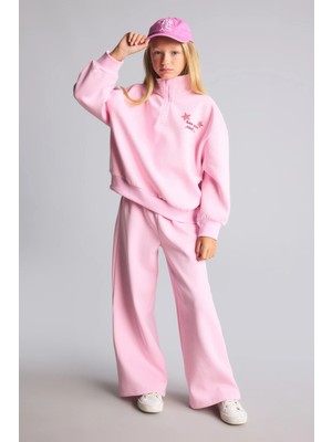 DeFacto Baskılı Yarım Fermuarlı Sweatshirt Geniş Paça Eşofman Altı 2'li Takım Kız Çocuk F8401A826WN