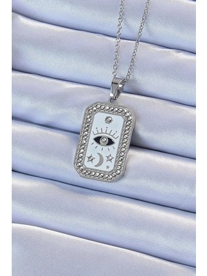 Pileli Store 316L Çelik Zincir Gümüş Renk Mineli Zirkon Taşlı Göz Figür Tarot Kolye TJ-BKO9214