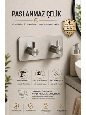 Dikdörtgen Ikili Modern Banyo Askılık 96 mm | Paslanmaz Çelik | Delmeden Yapışkan Montaj |