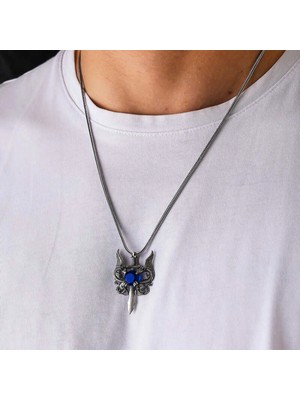 Pileli Store 925 Ayar Gümüş Mavi Taşlı Ejderha Erkek Kılıç Kolye