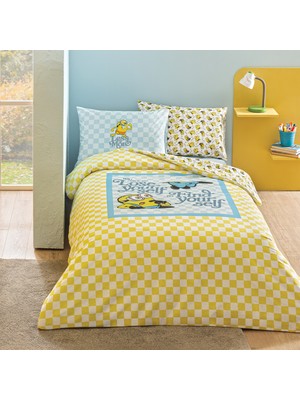 Puffy Minions Gingham %100 Pamuk Tek Kişilik Nevresim Takımı - Sarı