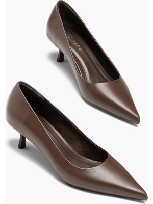 Alyano Alberta Hakiki Deri Kahve  5 cm Topuklu Stiletto Ayakkabı