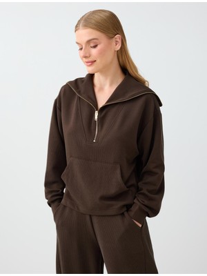 Jimmy Key Kahverengi Dik Yaka Fermuar Detaylı Modal Sweatshirt