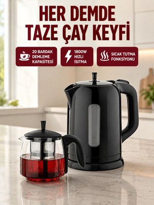 Genel Tedarik Çaycı Cam Demlikli 1800W Güçlü ve Sıcak Tutmalı Elektrikli Çay Makinesi