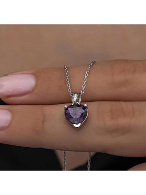 Pileli Store 925 Ayar Gümüş Mor Taşlı Kalpli Kadın Kolye