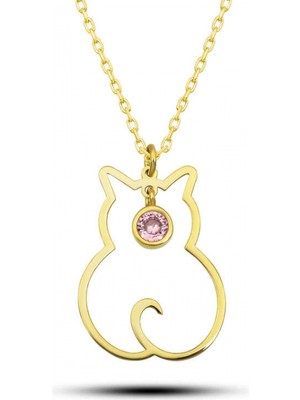Pileli Store Gümüş Ekim Ayı Doğum Taşı Kedi Kadın Kolye