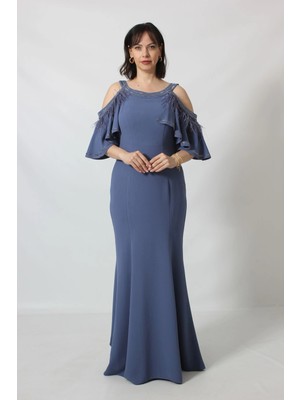 Moda Berray 1926 Omuz Dekolteli Tüy ve Taş Detaylı Indigo Uzun Abiye Elbise