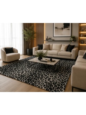 Talvora Home Premium Seri Leopar Desenli Açık Gri Tavşan Tüyü Kaymaz Taban Halı